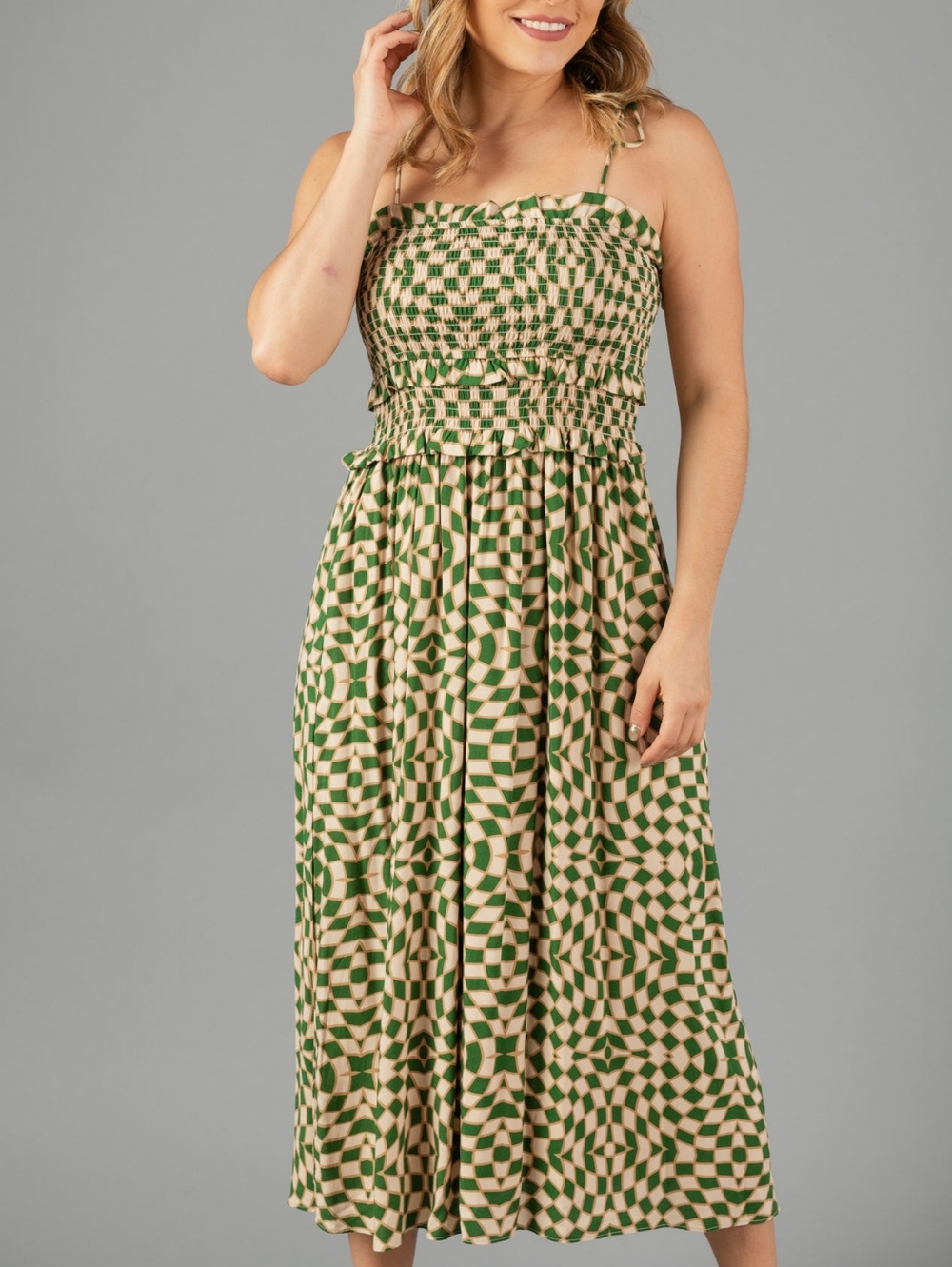 Lush Green Abstract Smocked Sundress Midi Dress Tie Straps Size M NWT